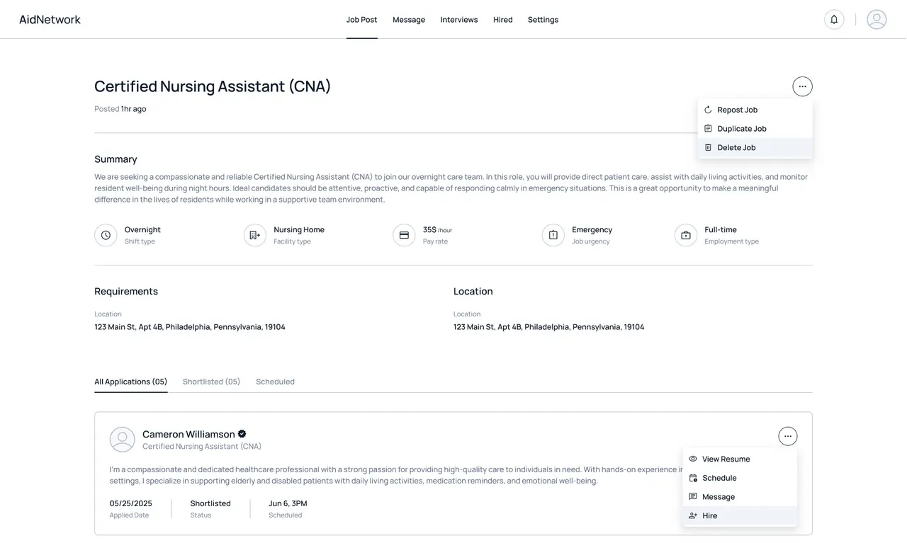 Employer job page listing verified applicants with schedule and hire actions