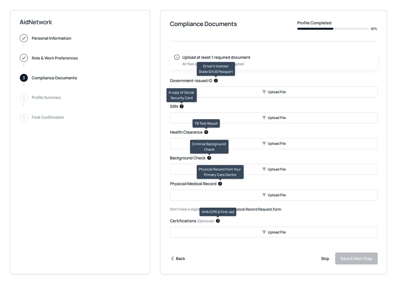 Onboarding step for compliance documents with a progress bar and an explanation for each document