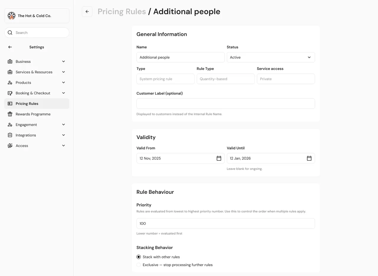 Pricing rule settings for Additional people: name, status, rule type and service access, valid from and until dates, priority, and whether the rule stacks with other rules