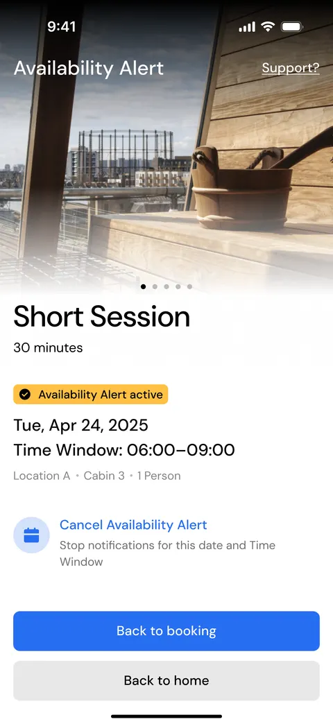 Availability Alert screen for a 30-minute Short Session with an 'Availability Alert active' badge, the date and a 06:00 to 09:00 time window, a Cancel Availability Alert option, and Back to booking and Back to home buttons