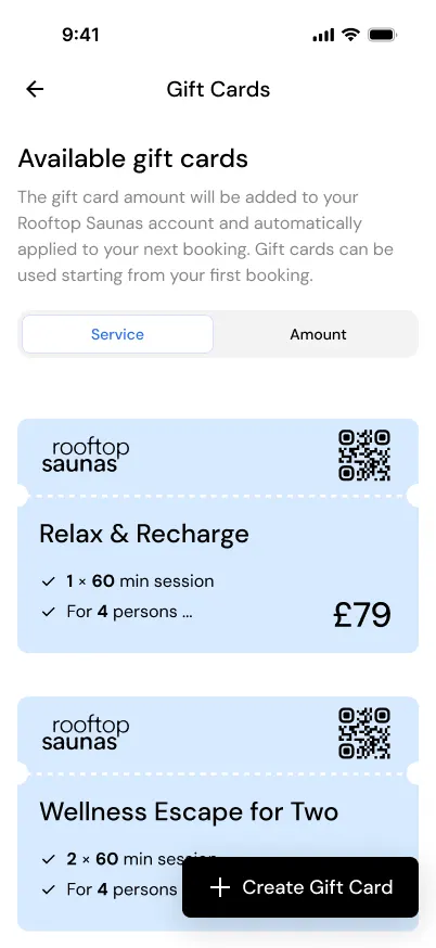 Gift cards screen with two Rooftop Saunas gift cards, a note that the amount is applied automatically to the next booking, and a Create Gift Card button