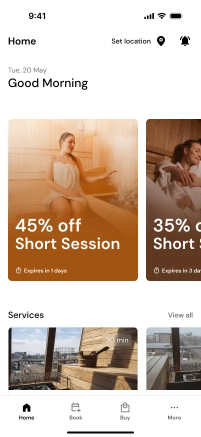 Home screen with a Good Morning greeting and the date, a Set location picker and a notification bell, offer cards with discounts and expiry (45% off Short Session, expires in 1 day; 35% off, expires in 3 days), a Services row and the bottom navigation