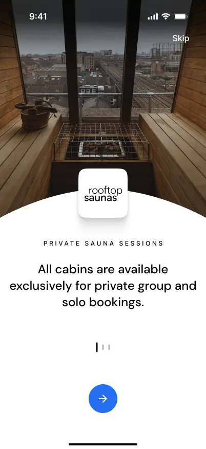Onboarding screen with the Rooftop Saunas logo over a sauna cabin photo and the line: all cabins are available exclusively for private group and solo bookings