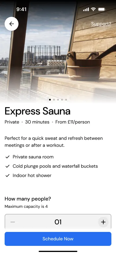 Express Sauna service screen: private, 30 minutes, from £11 per person, what's included, a people counter and a Schedule Now button