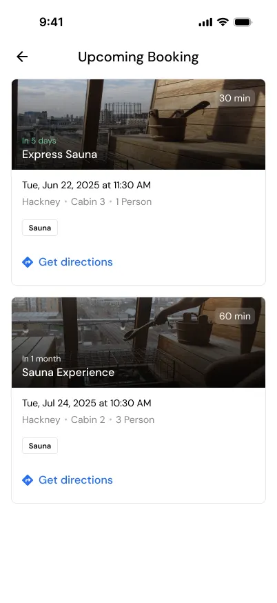 Upcoming bookings list with two sessions, each showing date and time, location, cabin, group size and a Get directions link