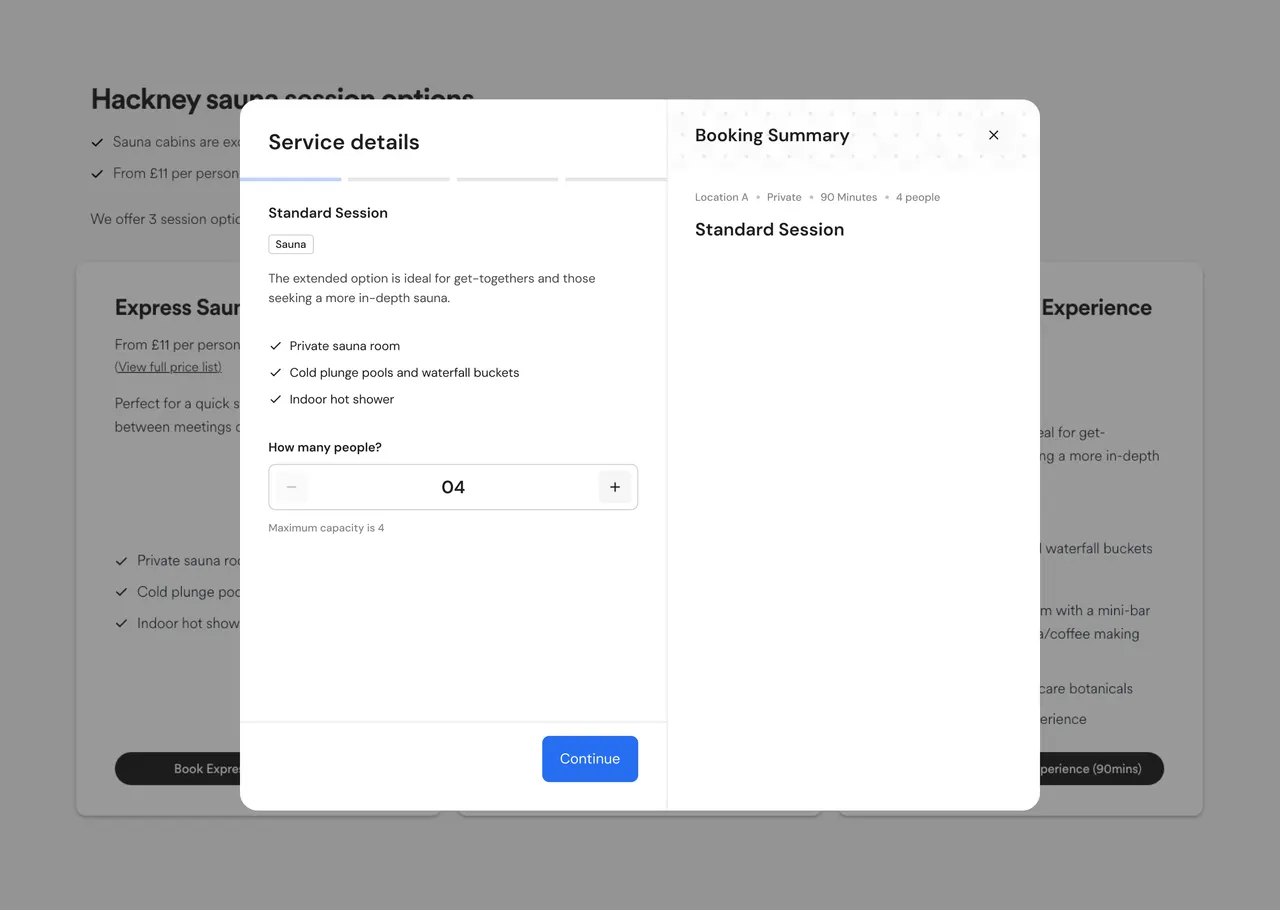 New booking modal: Service details with a four-part progress bar, the number of people on the same screen and a booking summary that fills in