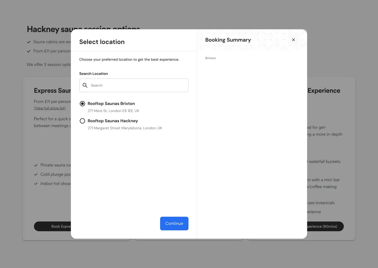 Old booking modal: a separate Select location step with two locations and a Continue button, no progress shown