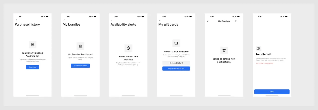 Five empty states (purchase history, bundles, availability alerts, gift cards, notifications) and a No Internet error screen with a Retry button