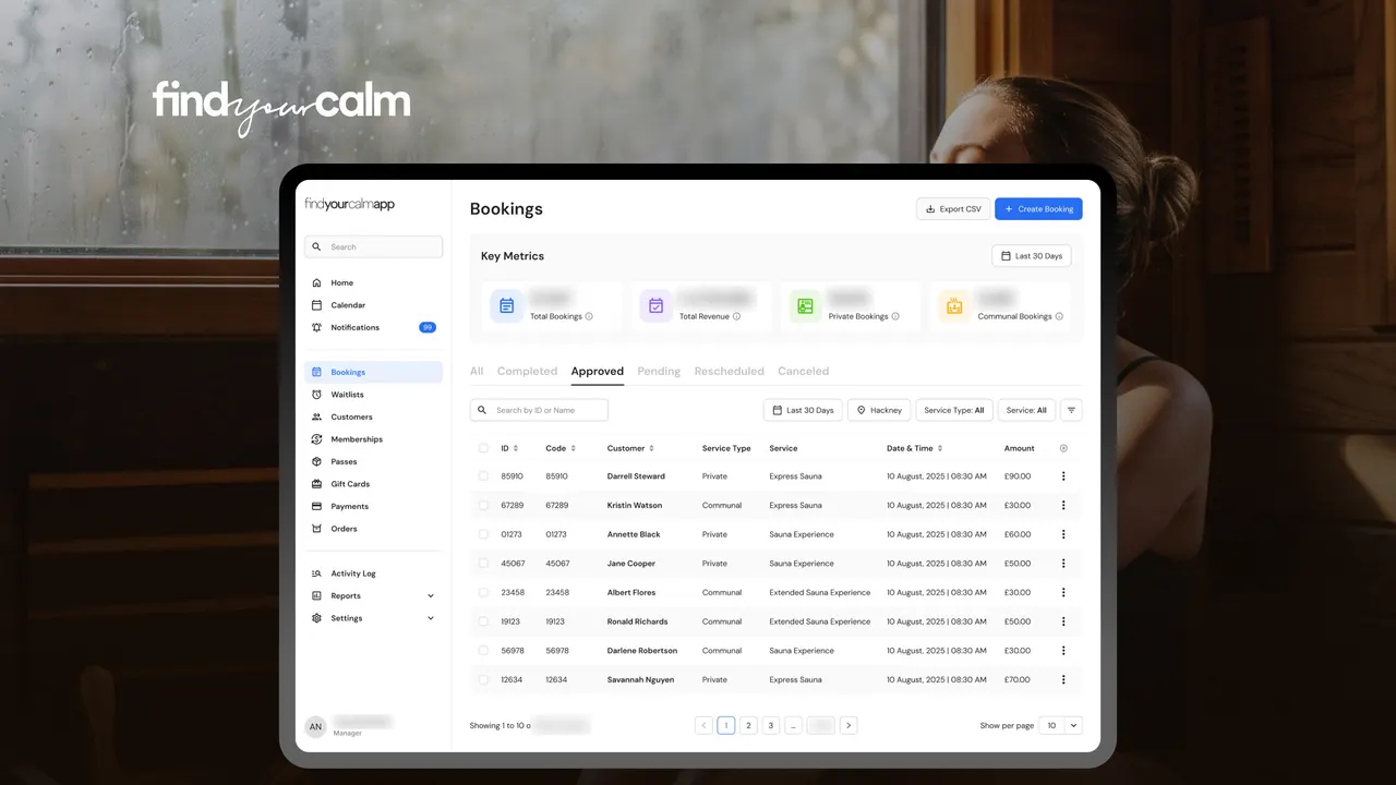 Find Your Calm bookings dashboard on a tablet, over a sauna scene