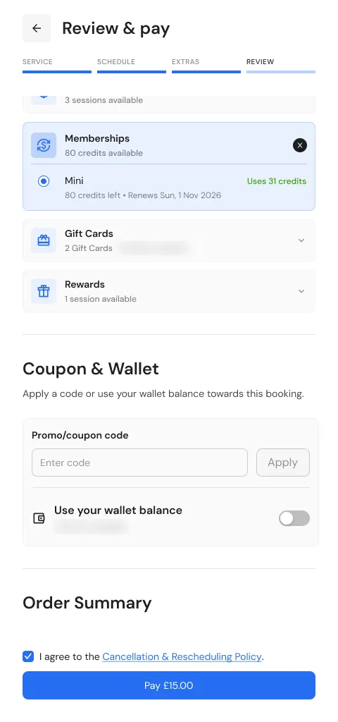 Review and pay with the Mini membership selected, using 31 credits, and a Pay £15 button