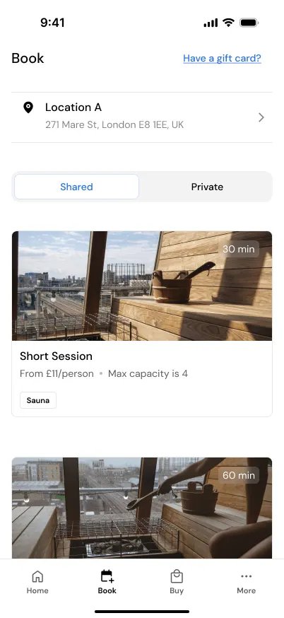Mobile app booking screen with location and session cards