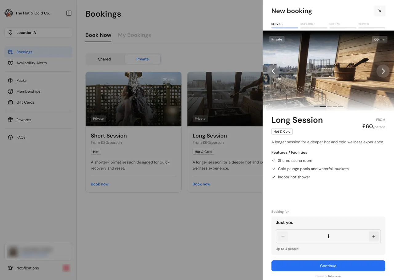 Customer portal with the new booking panel open at step 1 of 4, Service, showing the Long Session and a Continue button