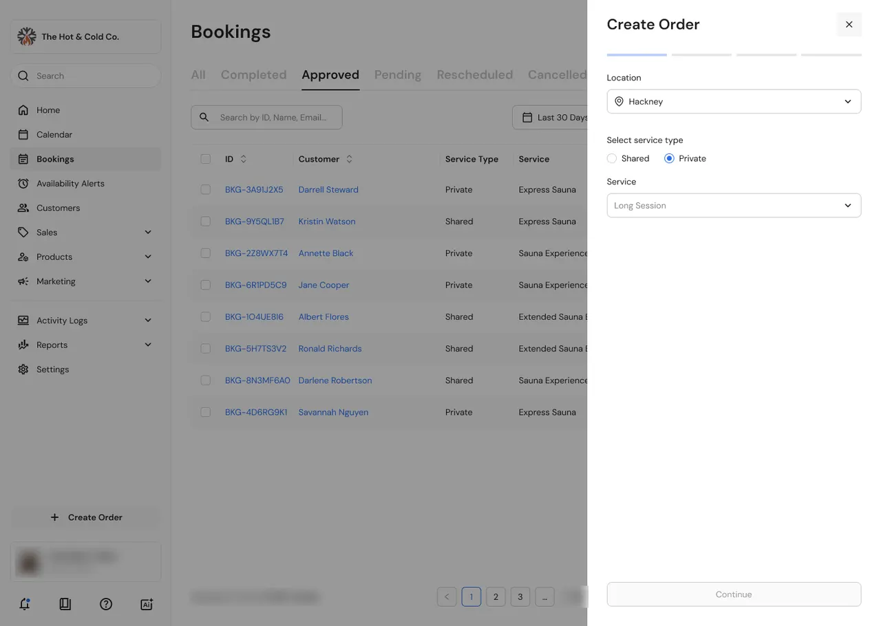 Operator dashboard showing bookings with the create-order panel open