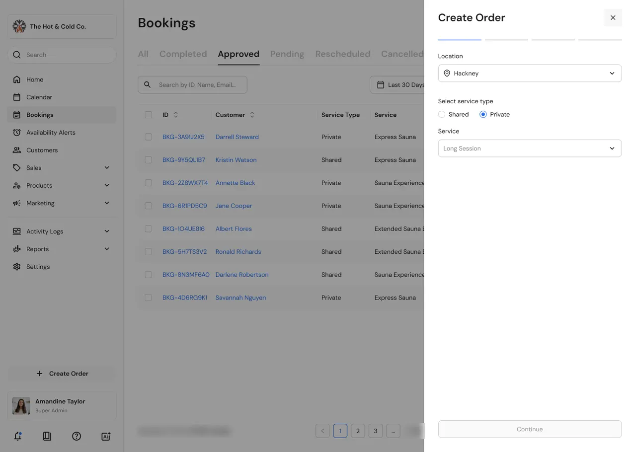 Operator dashboard showing bookings with the create-order panel open