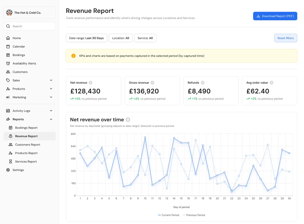 Revenue report with KPIs and net revenue over time