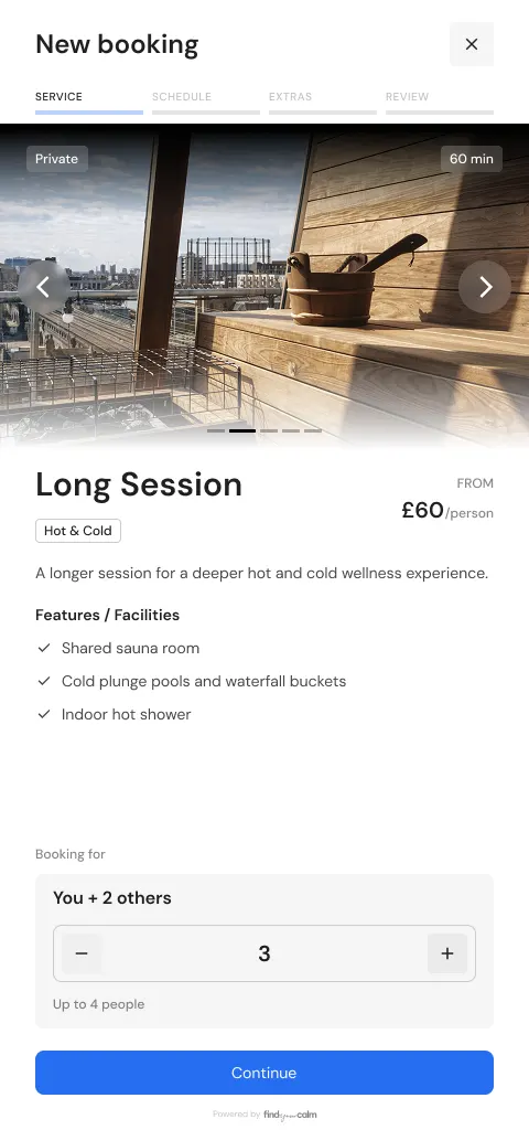 Booking step 1, Service: the Long Session from £60 per person, booked for 3 people
