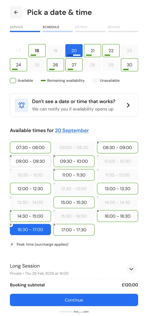 Booking step 2, Schedule: a calendar of dates, available times with peak times marked, and an option to be notified if availability opens up