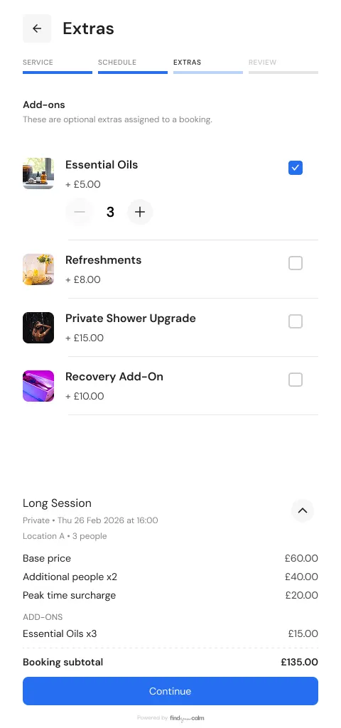 Booking step 3, Extras: optional add-ons with Essential Oils selected and a running booking subtotal of £135