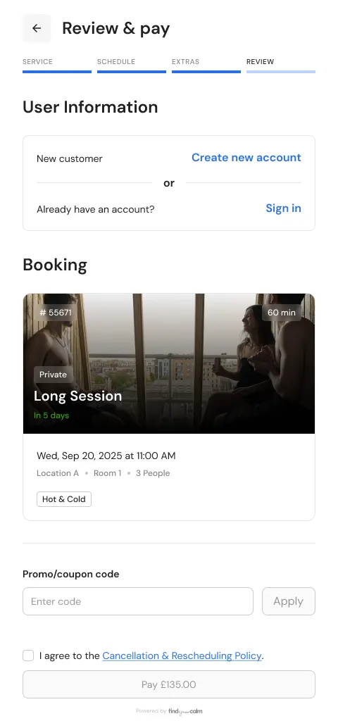 Booking step 4, Review and pay: create an account or sign in, the booking summary, a coupon field and a Pay £135 button