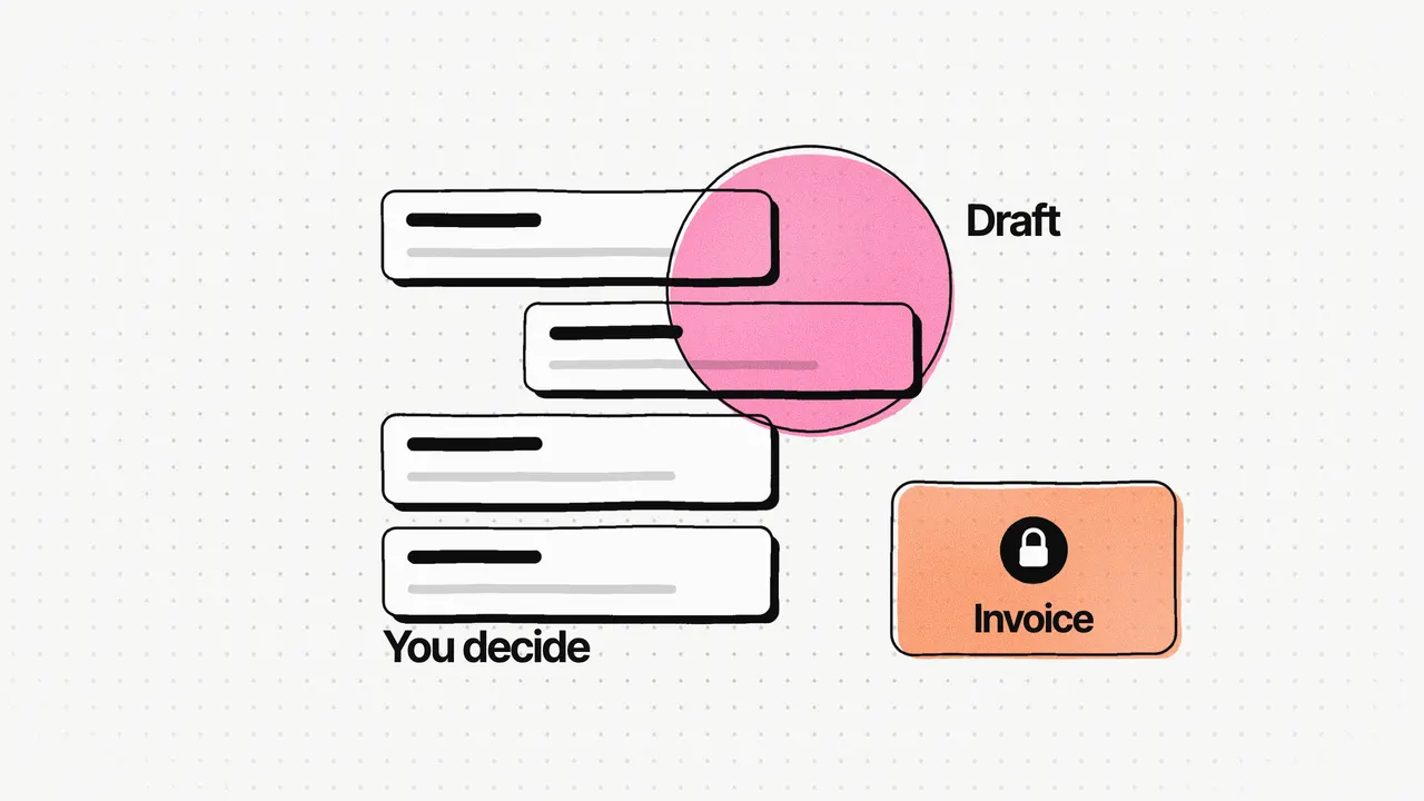 Illustration on dotted paper: a stack of section cards with one pulled out under a pink circle labelled "Draft", the caption "You decide", and an orange card with a lock labelled "Invoice"
