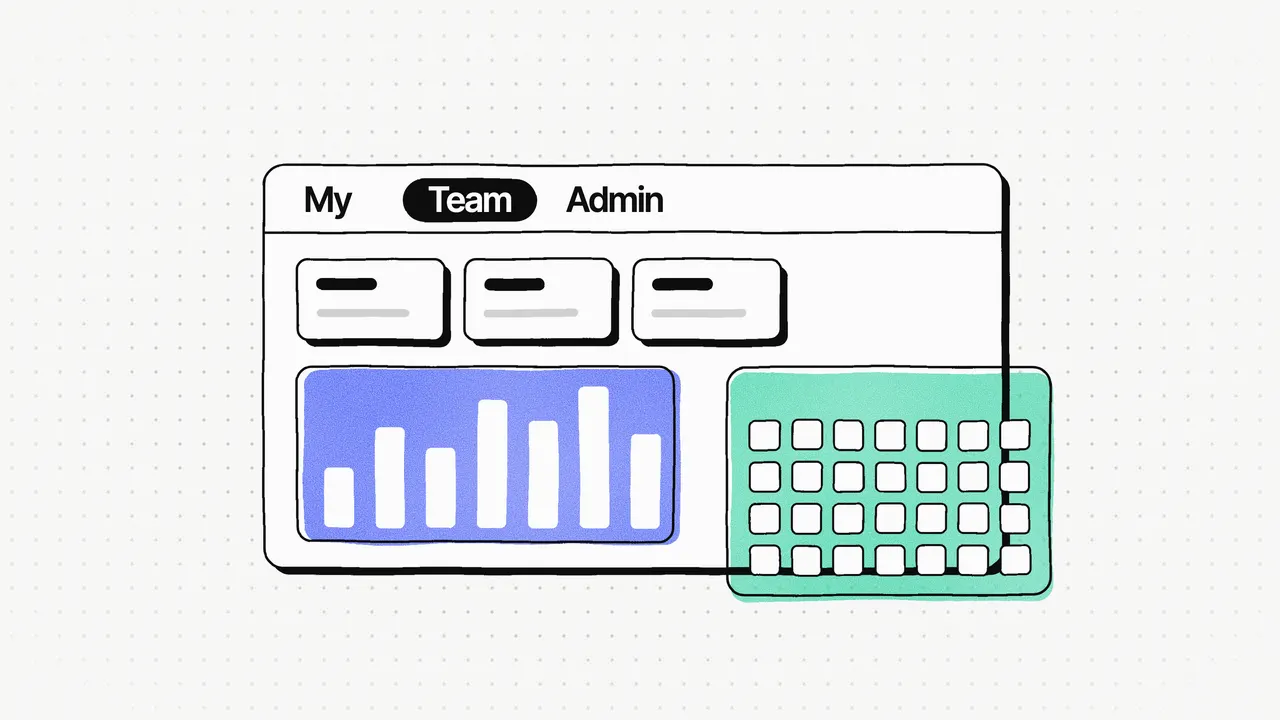 Illustration on dotted paper: a dashboard card with tabs My, Team and Admin, a blue bar chart and a mint calendar grid overlapping its corner