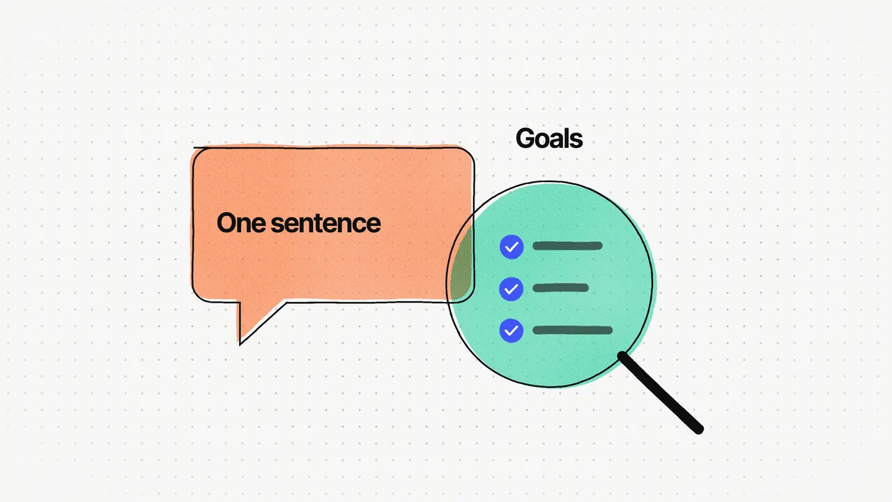 Illustration on dotted paper: an orange speech bubble reading "One sentence" overlapped by a mint magnifying glass over three ticked lines labelled "Goals"