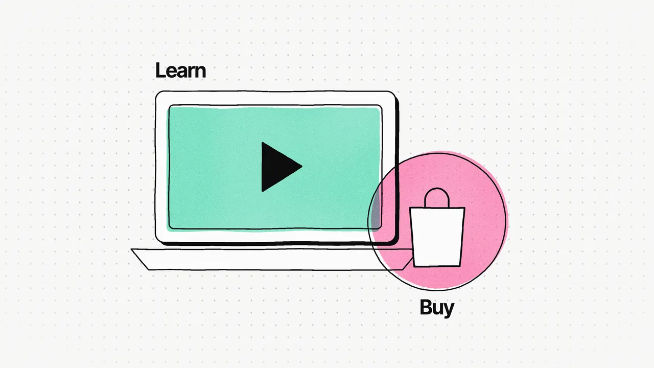 Illustration on dotted paper: a laptop with a play button on a mint screen, labelled "Learn", overlapped by a pink circle holding a shopping bag, labelled "Buy"