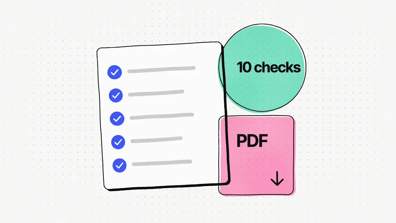 Illustration on dotted paper: a tilted checklist card with five blue ticks, a pink "PDF" card with a download arrow, and a mint circle labelled "10 checks"