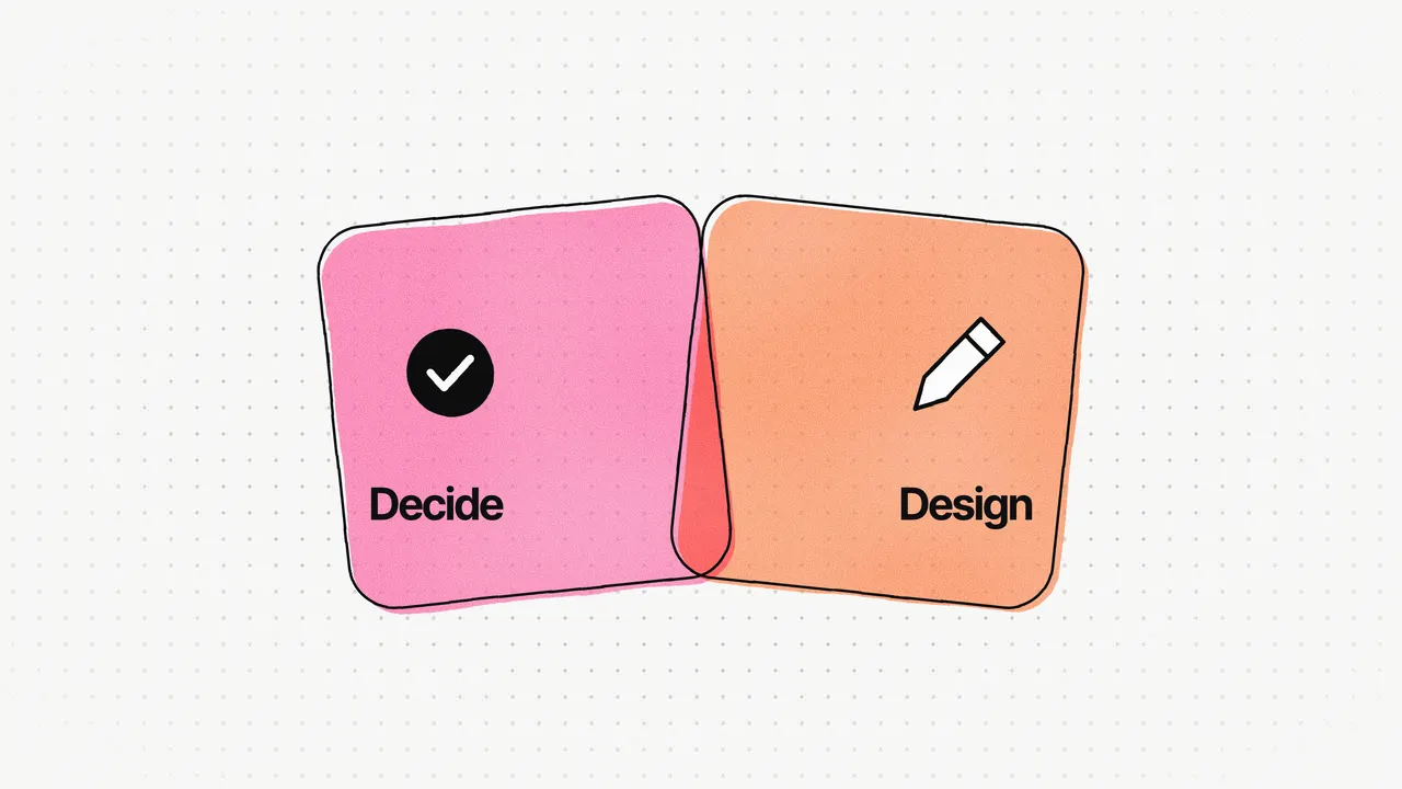 Illustration on dotted paper: two tilted overlapping squares, pink with a tick labelled "Decide" and orange with a pen nib labelled "Design"