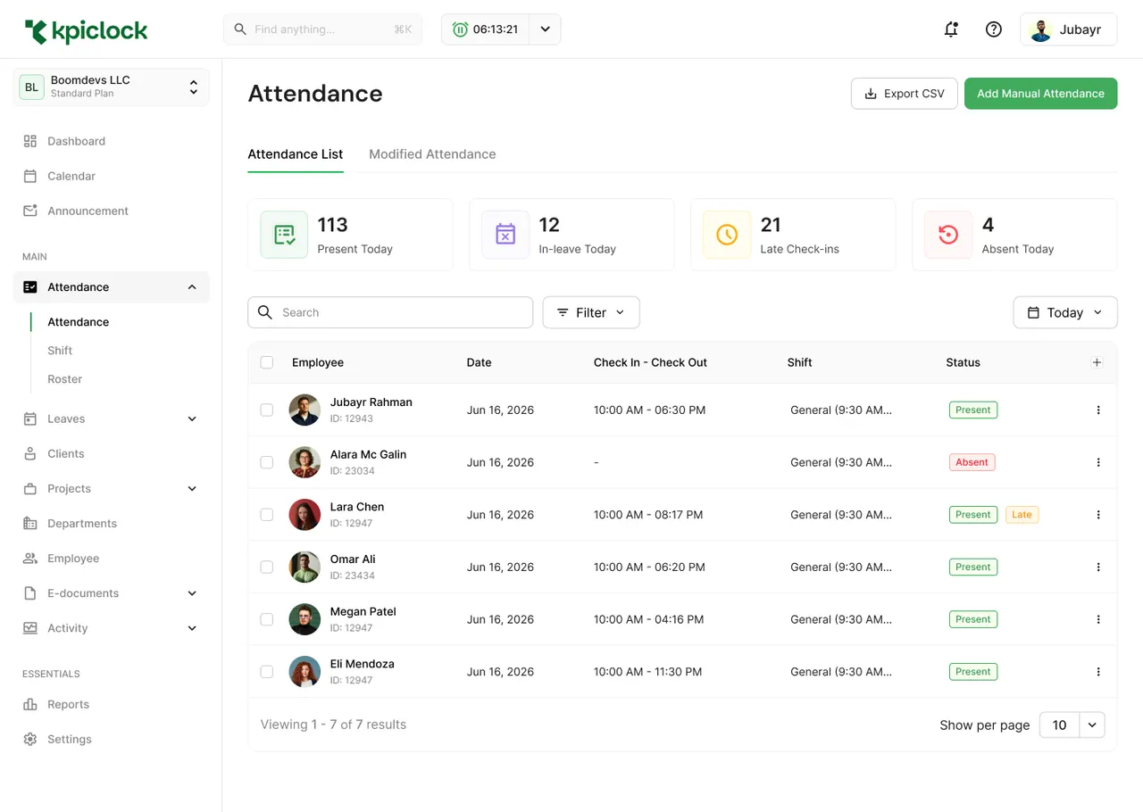 Attendance list with present, late and absent status