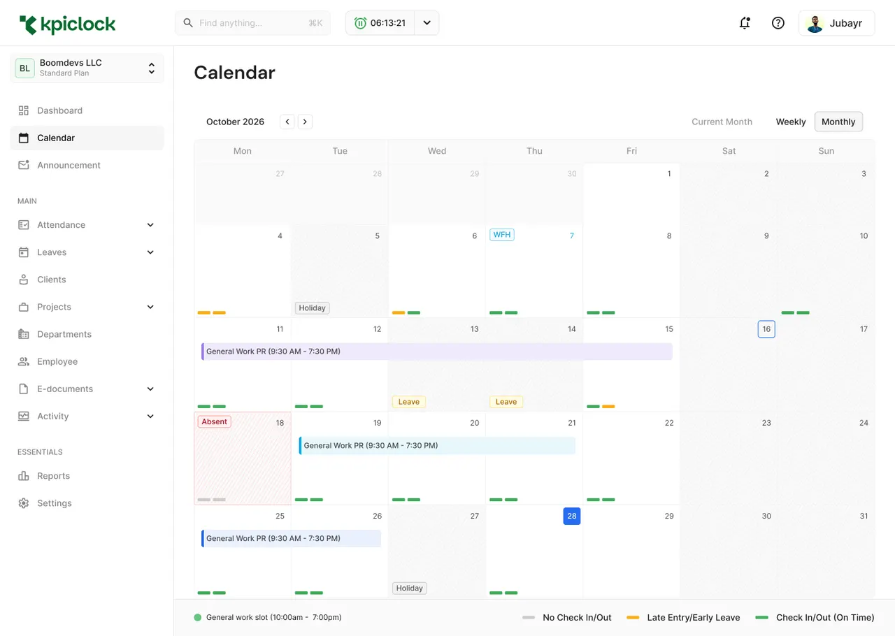 Calendar for October 2026 showing work shifts, holidays, leave, an absence, a work-from-home day and a check-in status line under each day