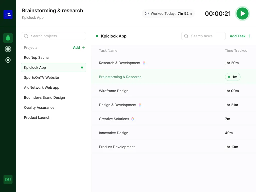 Desktop tracker: a list of projects, the tasks of the selected project with time tracked on each, the running task at the top with time worked today, a timer and a start button