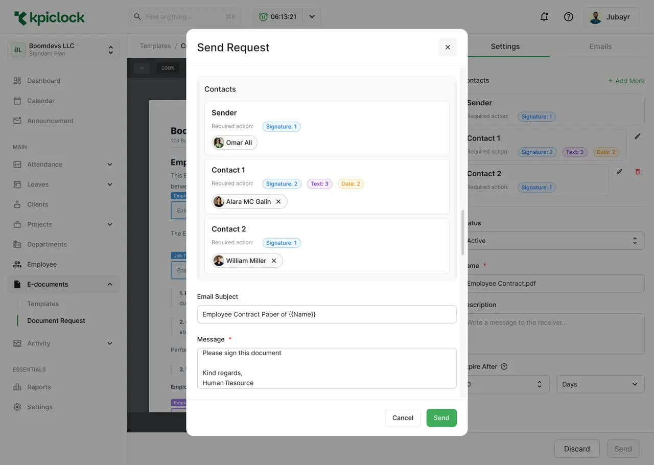 Send Request dialog: the sender and two contacts with their required actions, an email subject and a message, and a Send button