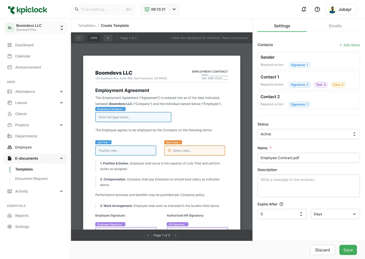 Creating a document template: a sample employment agreement with highlighted fields for each signer, and settings listing each contact's required actions (signatures, text and dates)