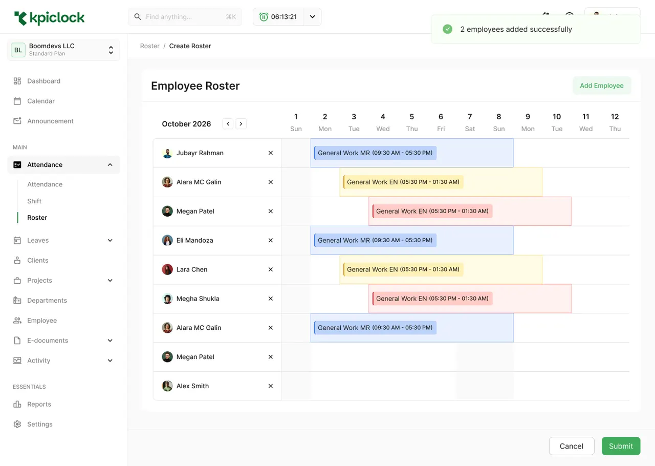 Create Roster: an employee roster for October 2026 with shifts across the month for nine employees, colour-coded by work slot (morning and evening general work)