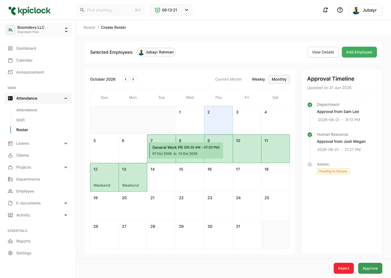 Roster calendar with an approval timeline