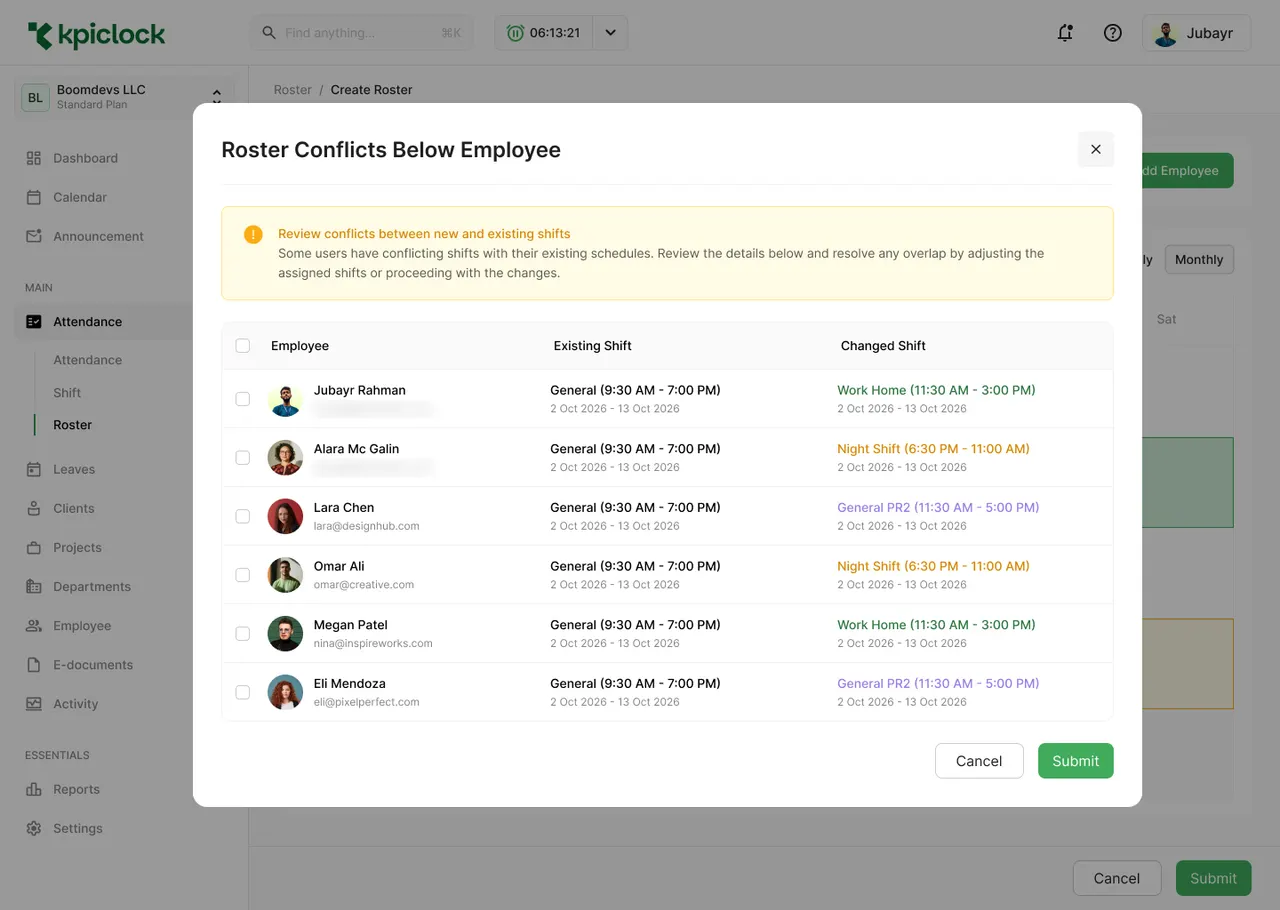 Roster conflict dialog comparing existing and changed shifts
