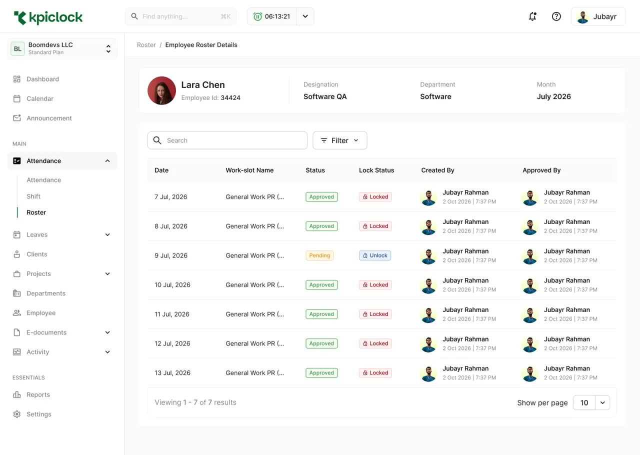 Employee roster details for a sample employee: each day's work slot with its approval status (approved or pending), lock status, and who created and approved it