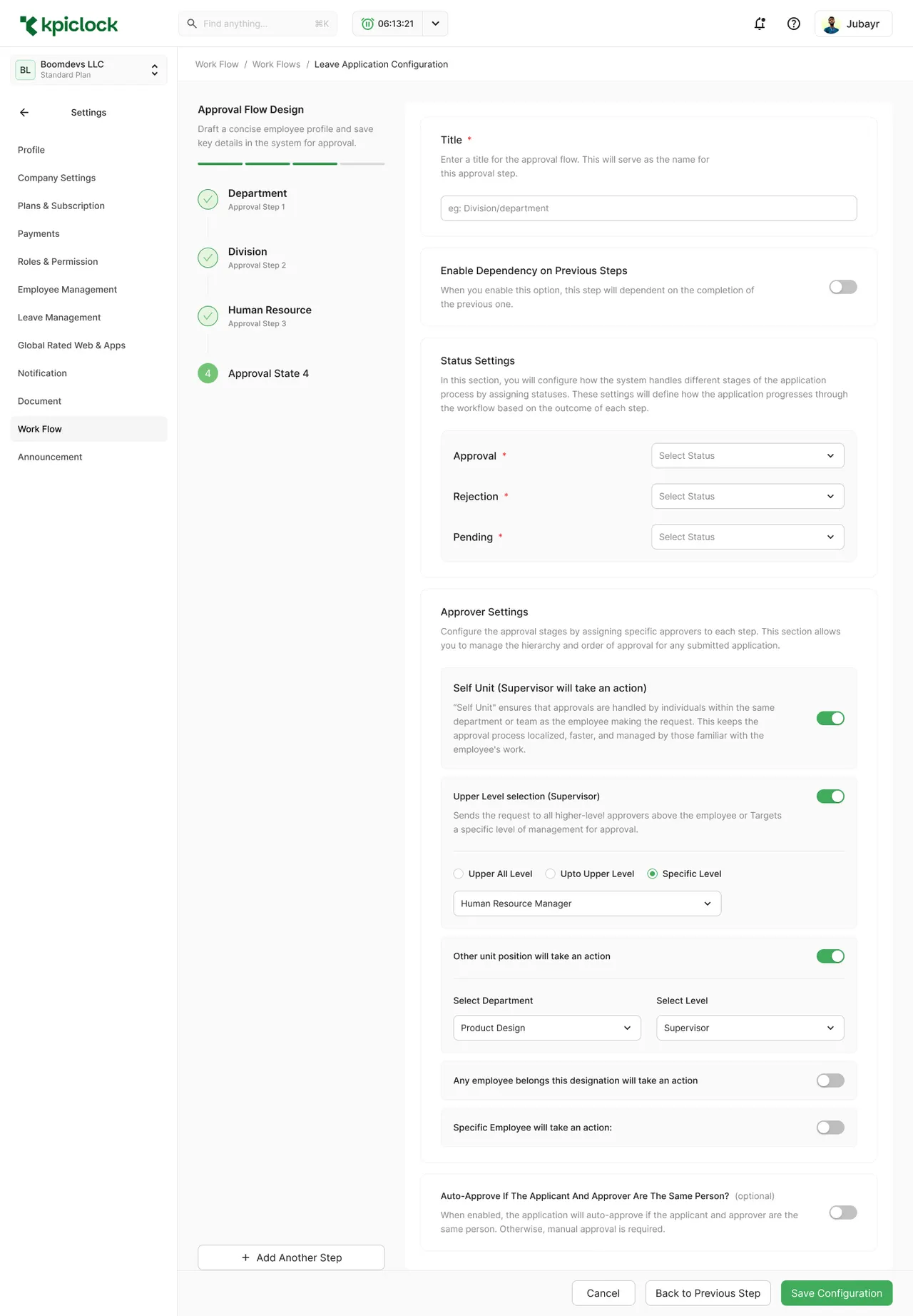 Settings, Work Flow: a leave approval flow with three completed steps (Department, Division, Human Resource) and a fourth being set up, with its title, statuses for approval, rejection and pending, and who approves: the employee's own unit, a specific higher level (Human Resource Manager), or another department and level