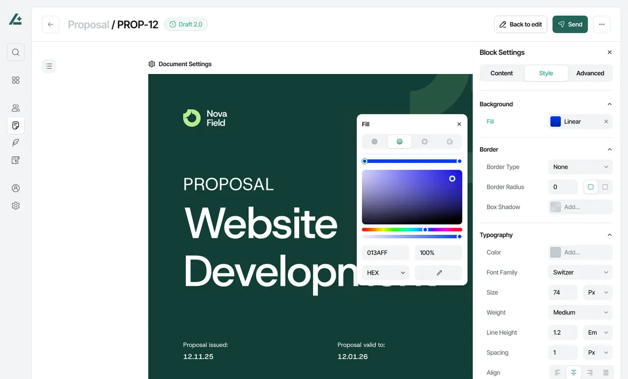 Block settings beside a proposal cover: content, style and advanced tabs, with background fill, border, and typography settings such as font, size, weight and line height