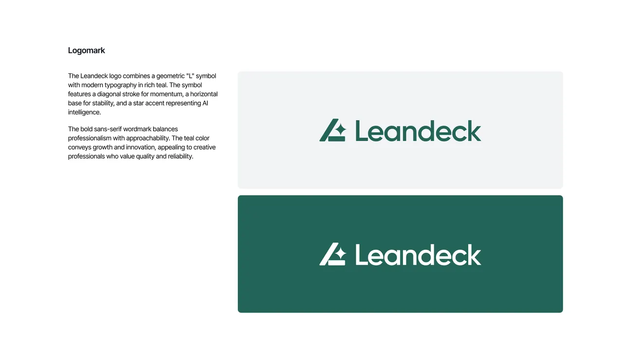 Brand guideline page: the LeanDeck logomark and wordmark in teal on a light background and in white on teal, with a short description of the logo