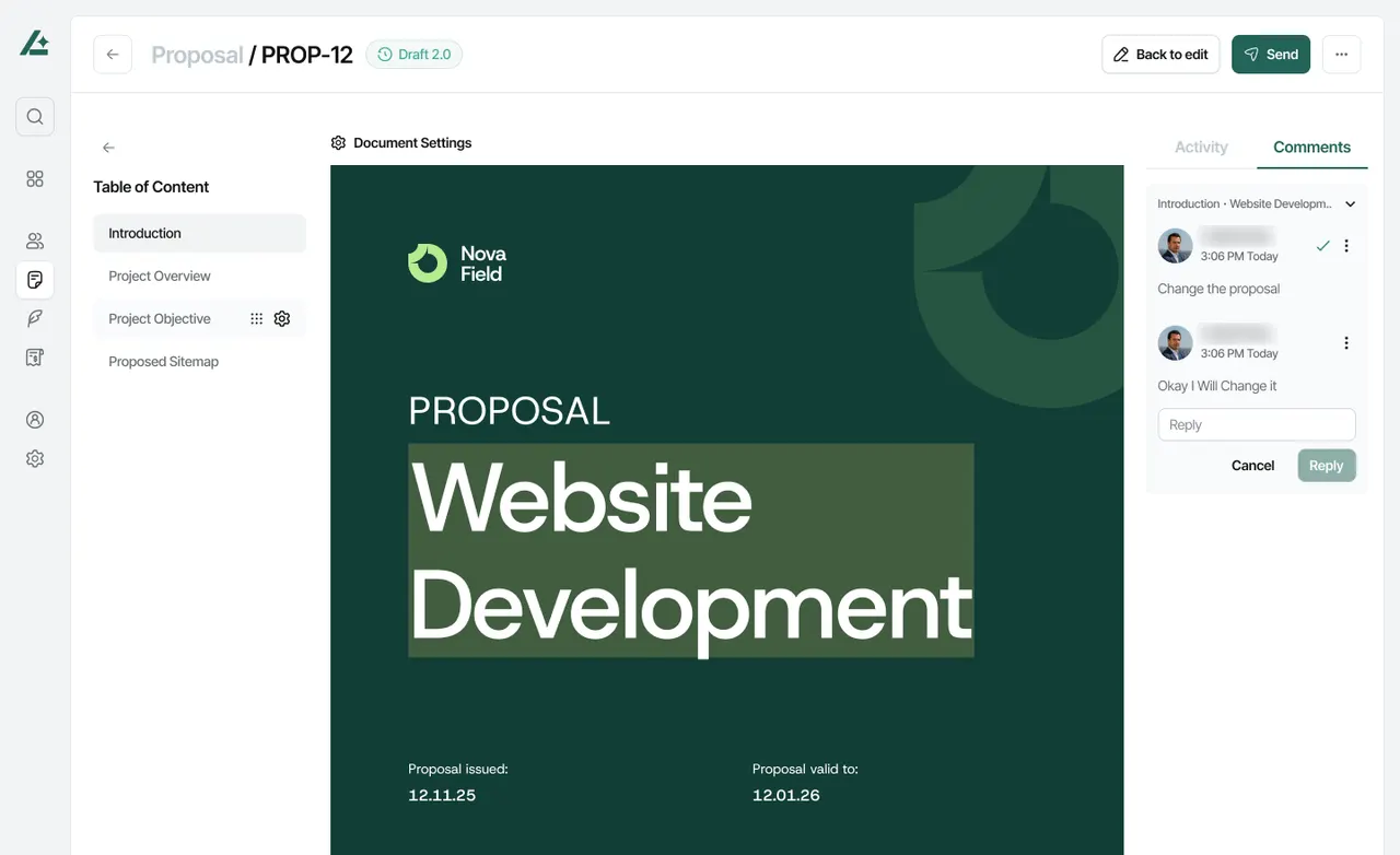 Proposal editor with table of contents and comments