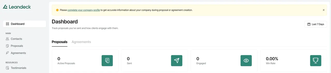 Live app dashboard with a banner asking the user to complete the company profile, to get accurate company information in proposals and agreements