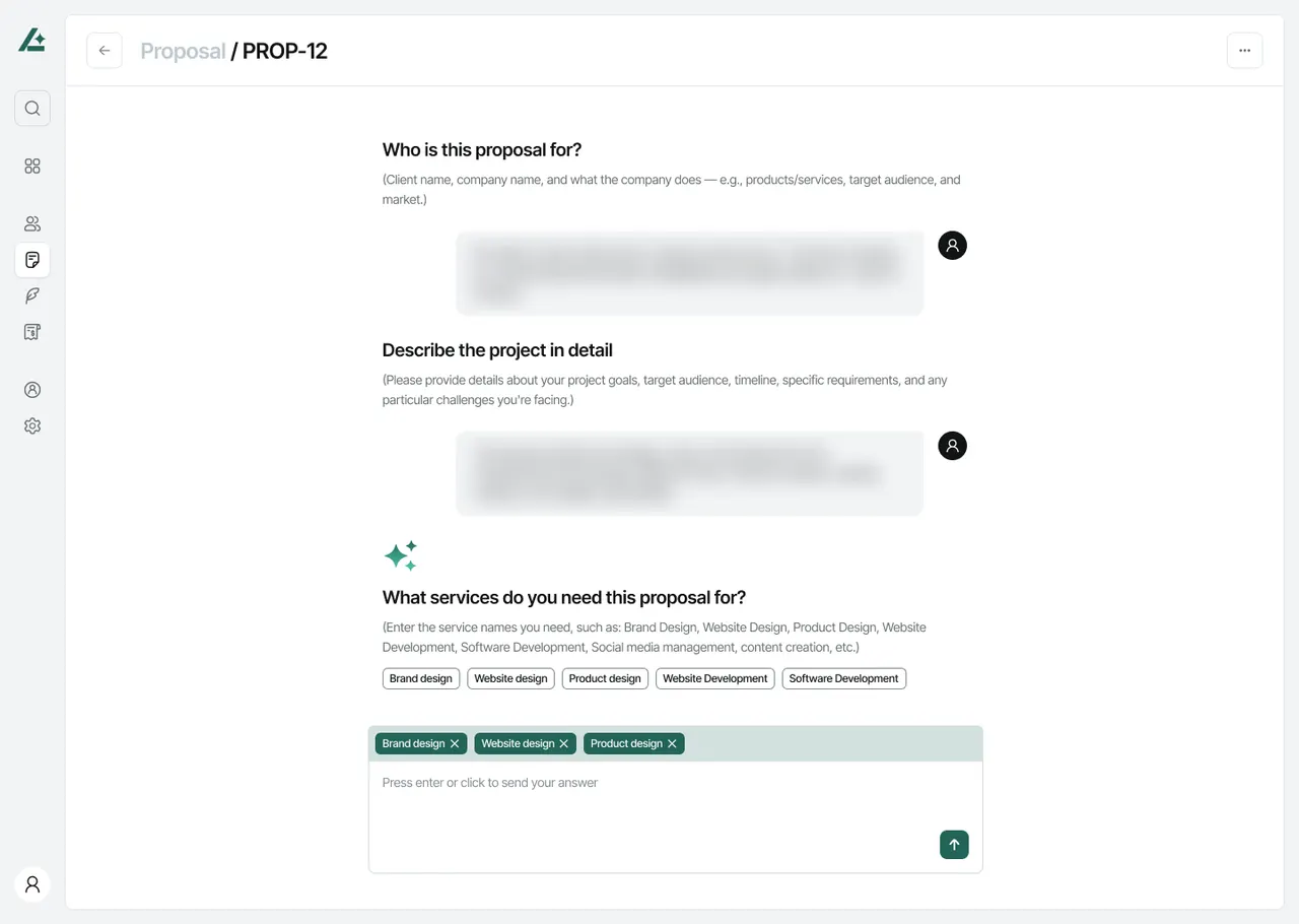 Smart questions: who the proposal is for and the project in detail, with the sample answers blurred, then the services needed, with one-tap options such as brand design, website design and product design
