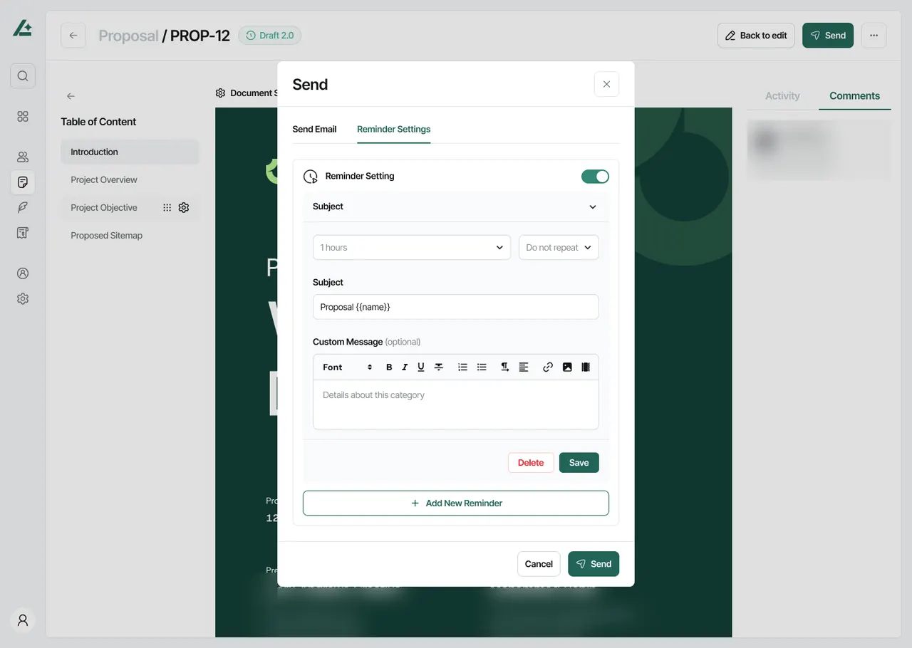 Send dialog on the Reminder Settings tab: a reminder switched on, with timing, repeat, subject and an optional custom message, and a button to add another reminder; names in the background blurred