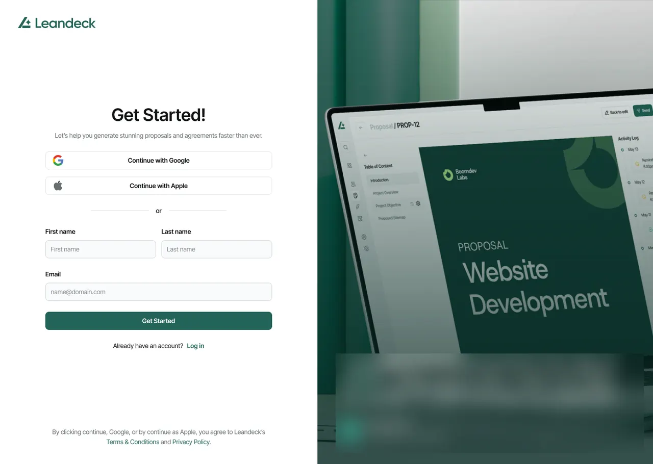 Sign-up screen: continue with Google or Apple, or enter a first name, last name and email; beside it a photo of the app on a laptop, with the quote below it blurred