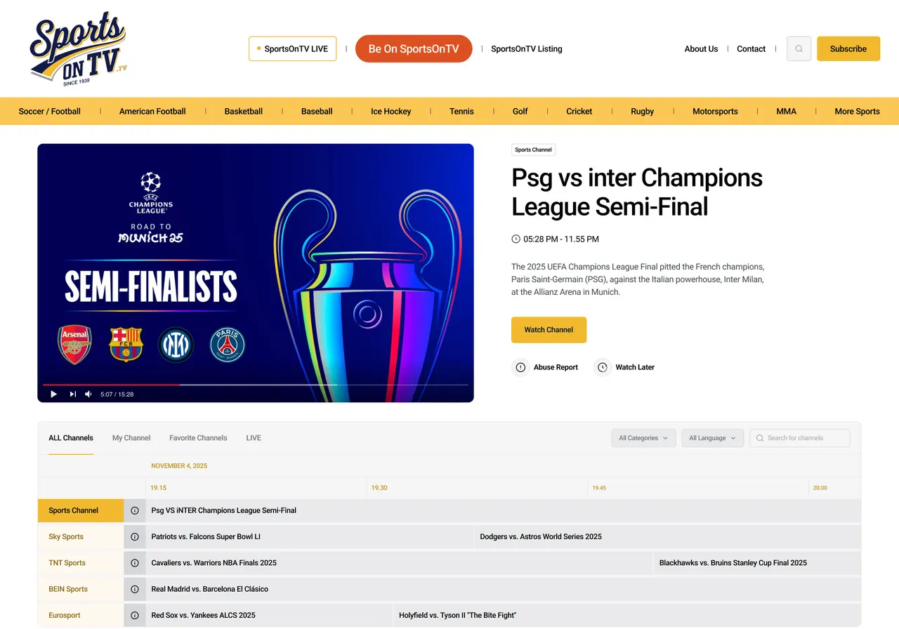 SportsOnTV homepage with a live player and an electronic programme guide