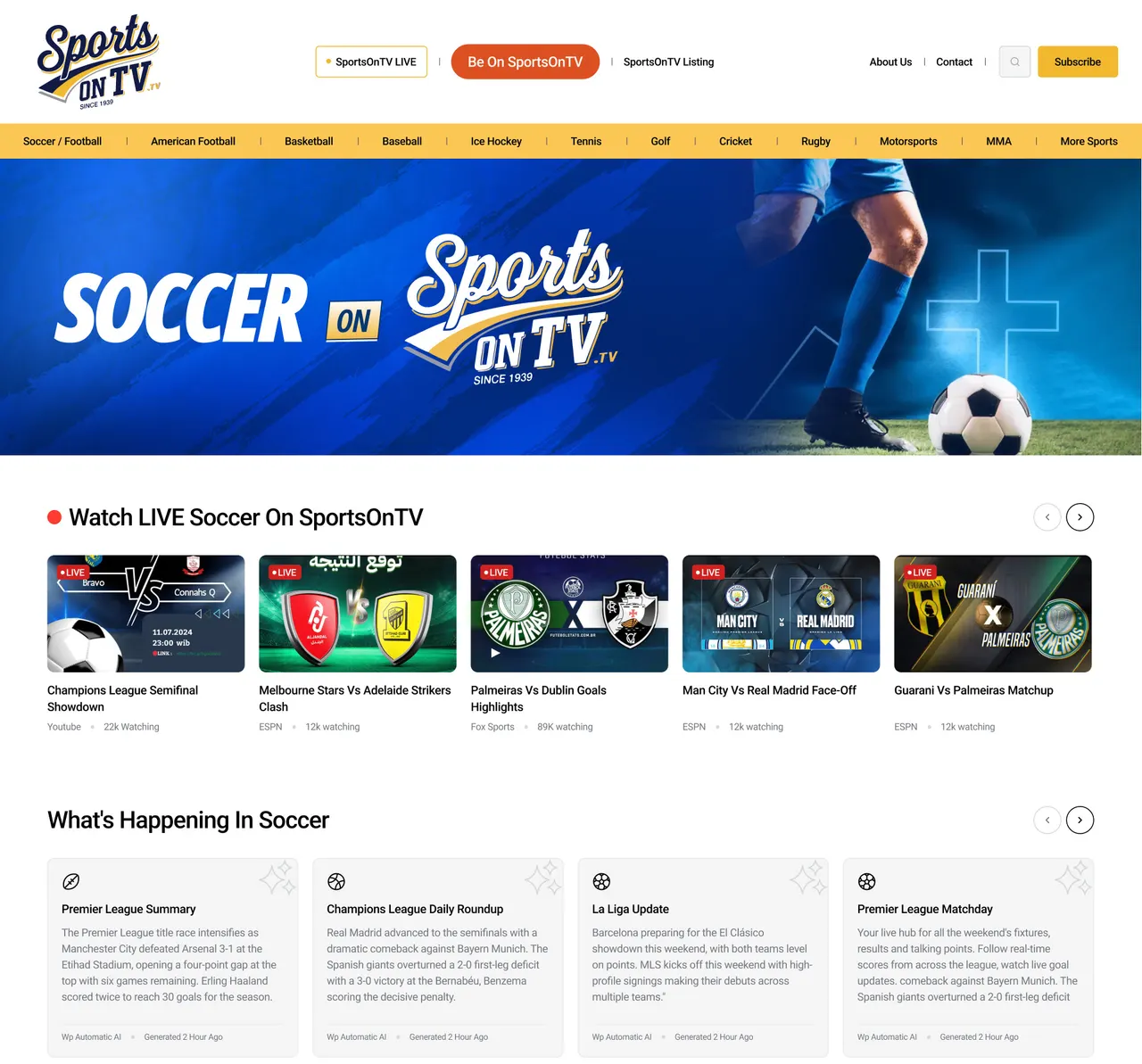 Soccer page built from the master sport template, with live games, AI summaries and video