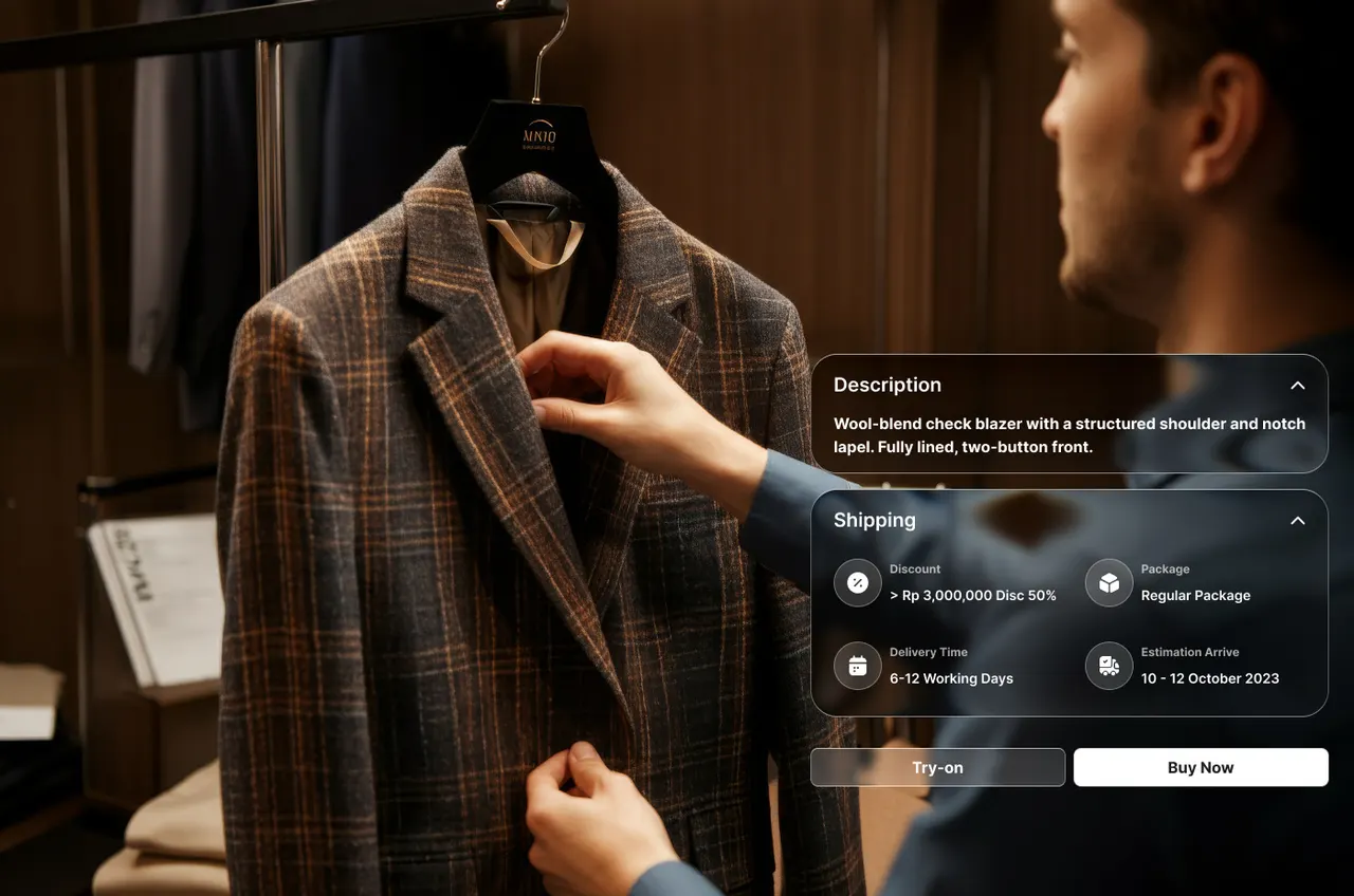 Live video session: a salesperson shows a jacket, with product details and Try-on and Buy Now buttons