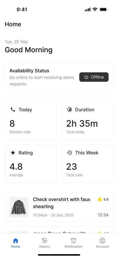 Salesperson mobile app home with availability toggle and session stats